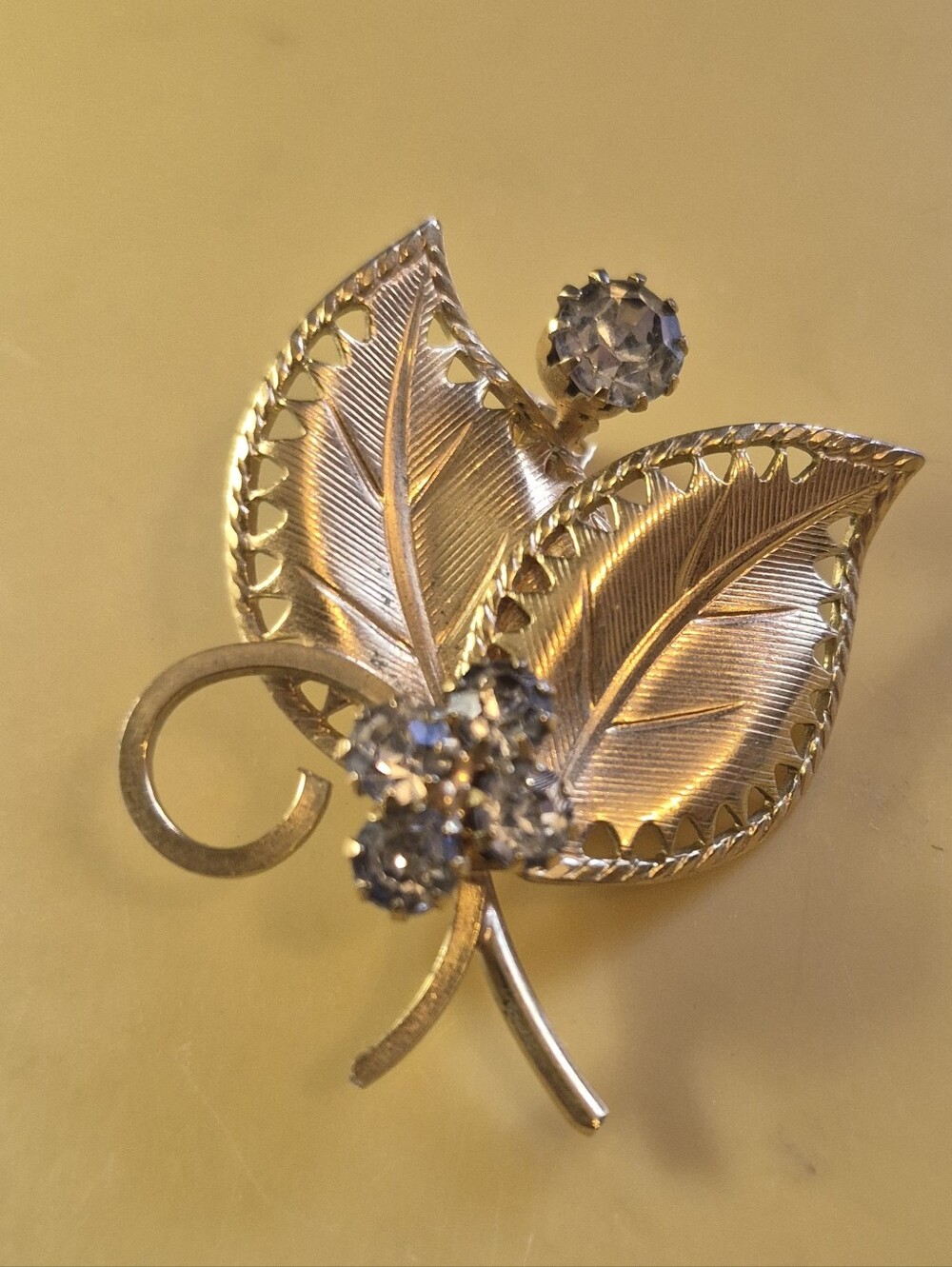 Estate Gold Leaf Brooch/Pin with Clear Crystals. Unisex
